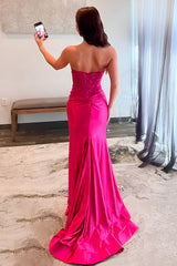 Charming Satin Mermaid Prom Dress in Fuchsia with Strapless Lace Top and Slit