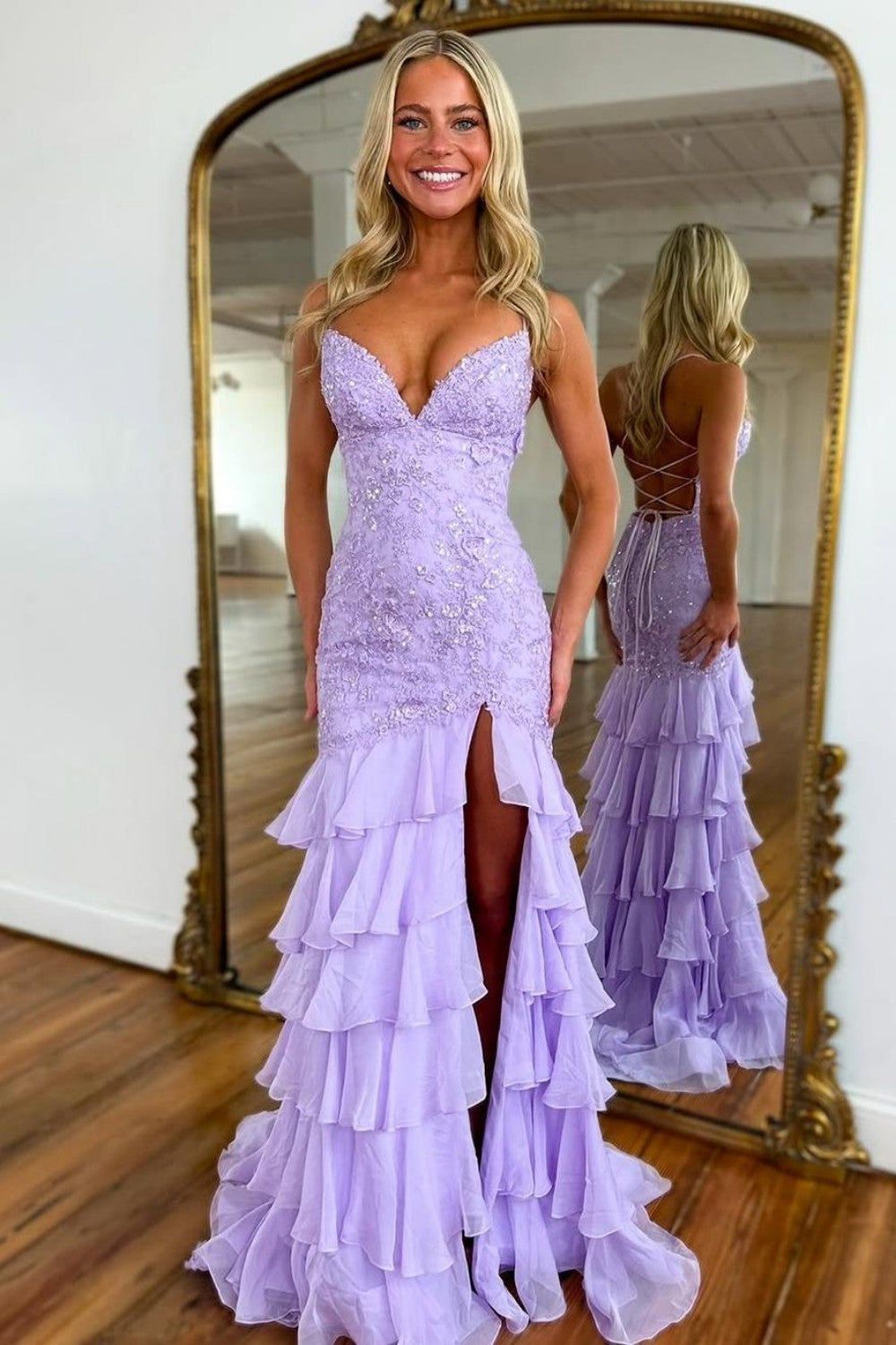 Charming Lilac Mermaid Spaghetti Straps Lace Up Long Prom Dress with Ruffle Skirt
