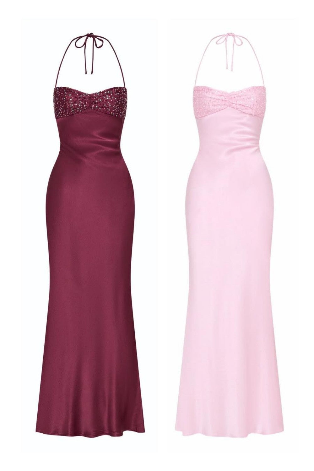 Chic Satin Halter Neck Lace Up Long Prom Party Dress with Sequin