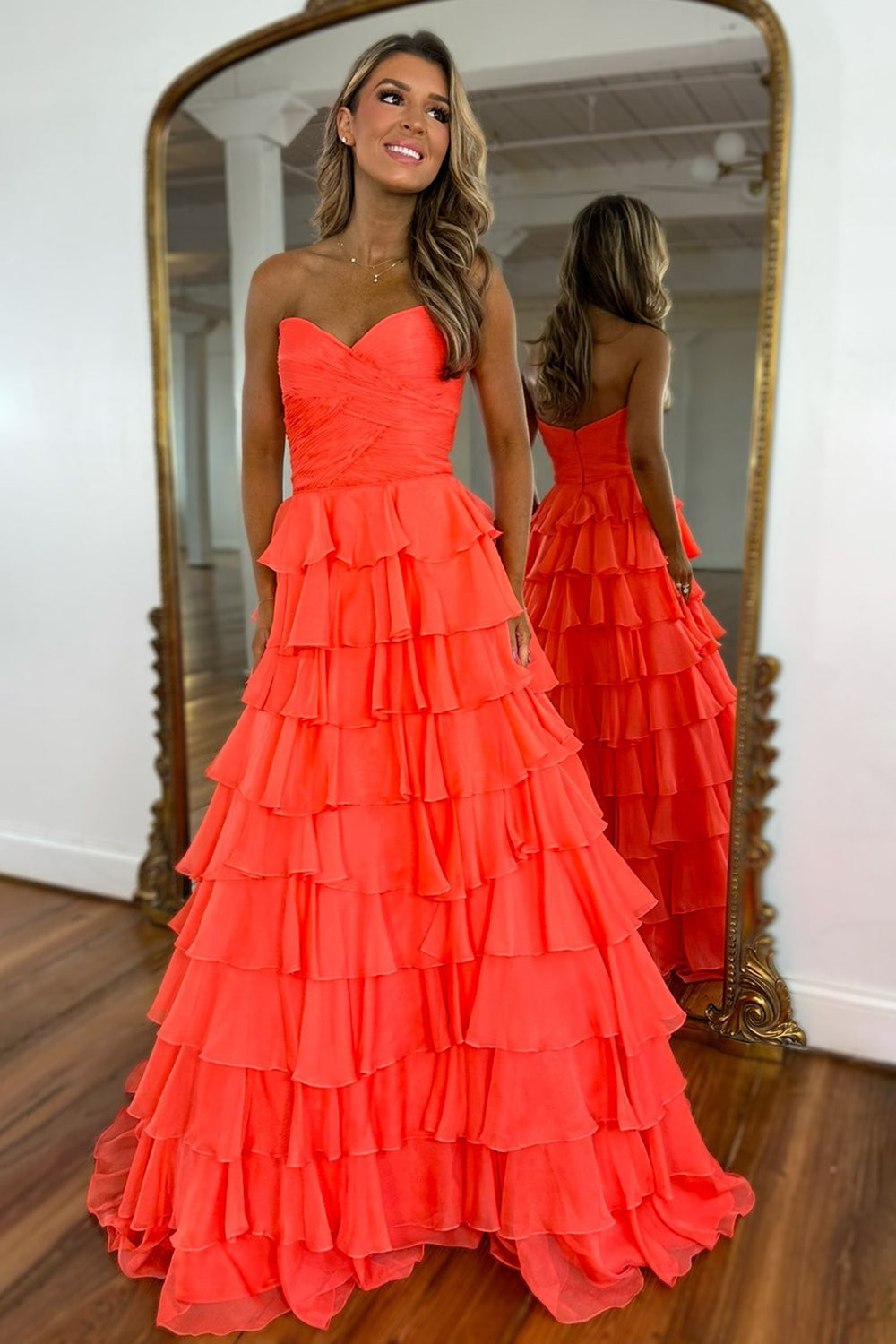 Coral A Line Prom Dress with Sweetheart Neckline Zipper Back and Ruffle Chiffon Skirt