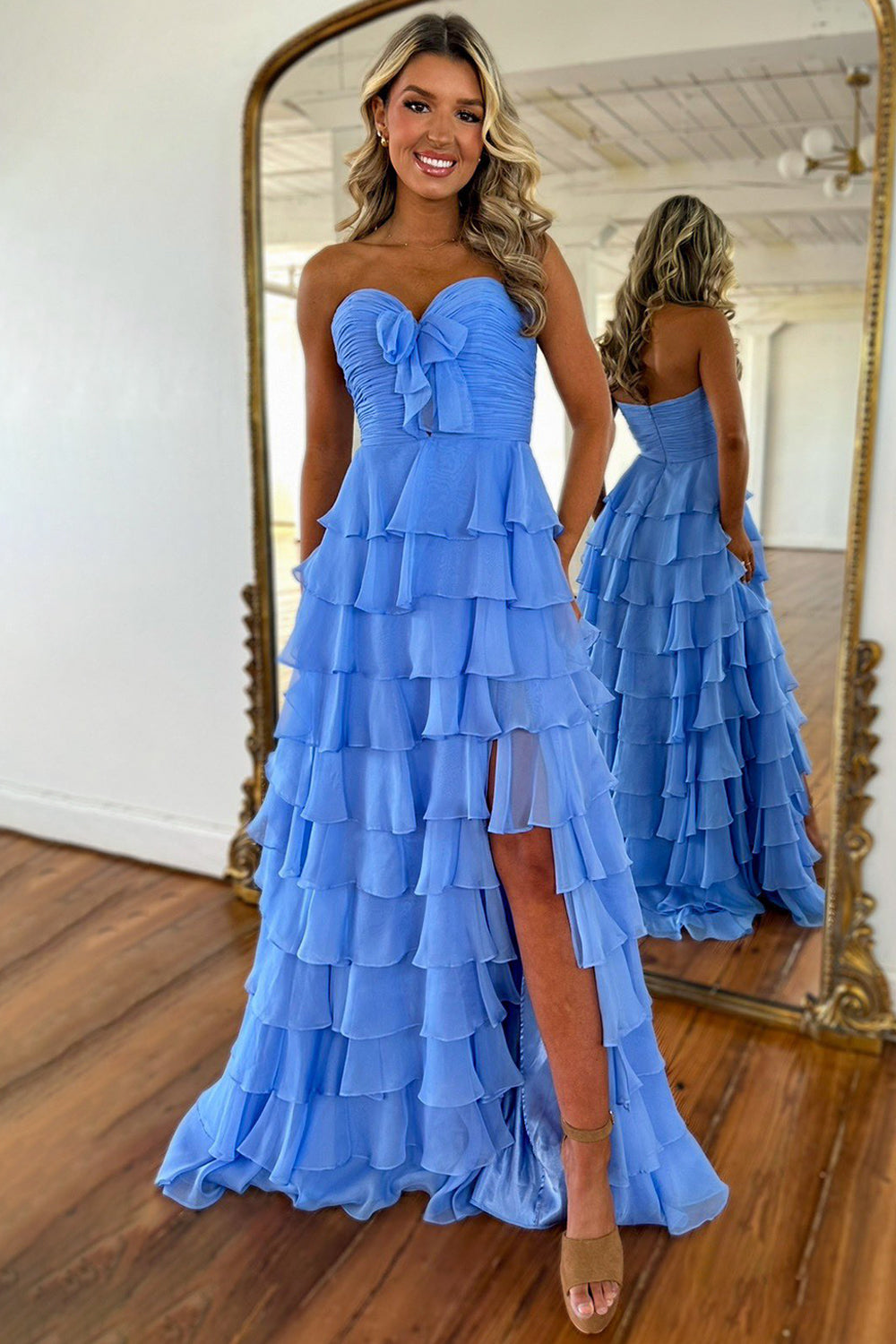 Cute Yellow Sweetheart Zipper Back A-Line Tiered Chiffon Prom Dress with Let Slit