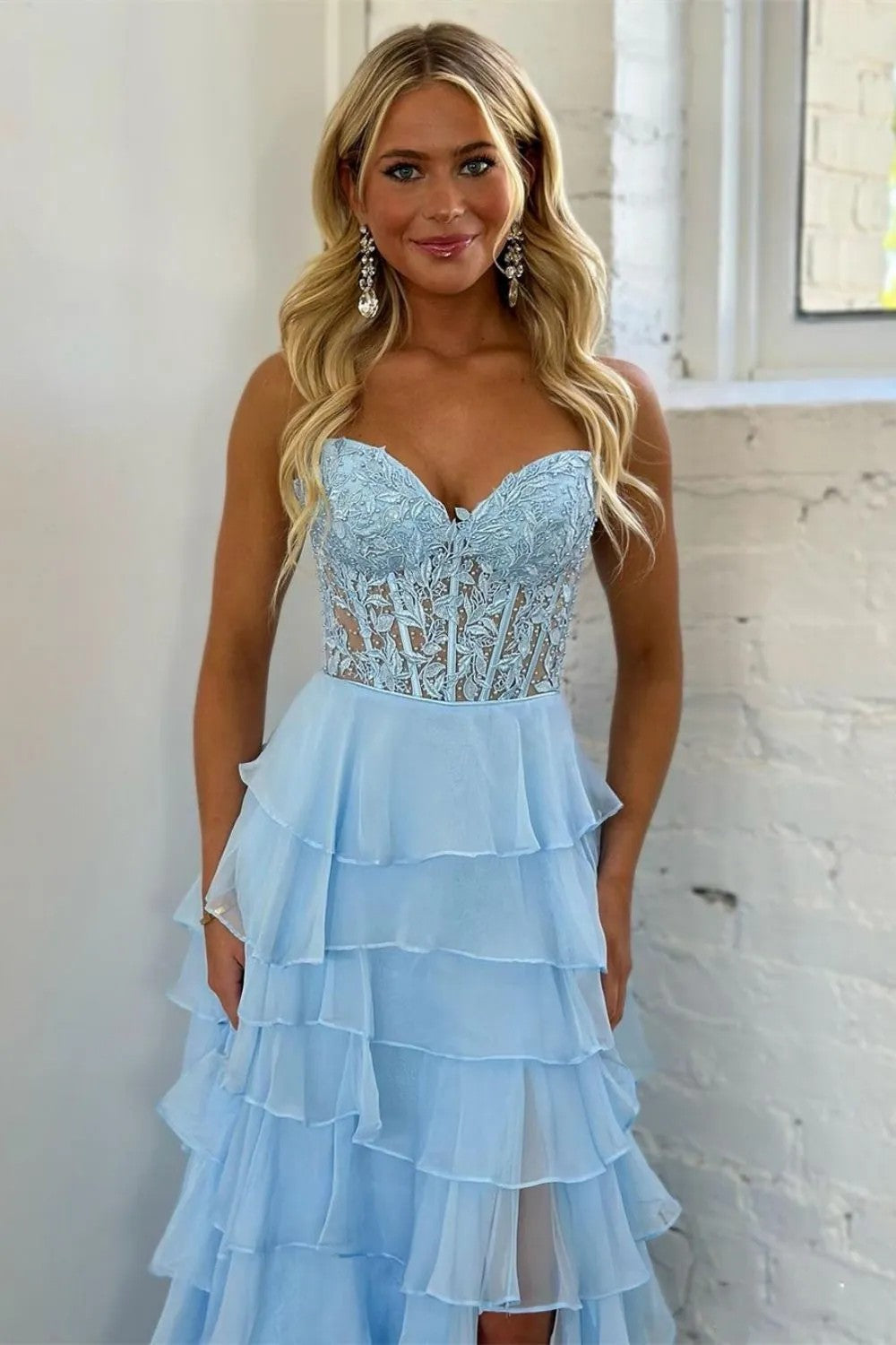 Cute Light Blue A-Line Sweetheart Lace Up Long Tiered Chiffon Prom Dress with Slit