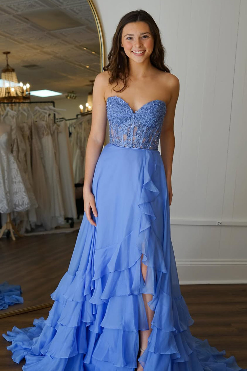 Chic Yellow A-Line Sweetheart Lace Top Long Chiffon Prom Dress With Ruffle Skirt