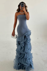Elegant Mermaid Strapless Dusty Blue Long Tulle Prom Dress with Ruffle