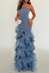 Elegant Mermaid Strapless Dusty Blue Long Tulle Prom Dress with Ruffle