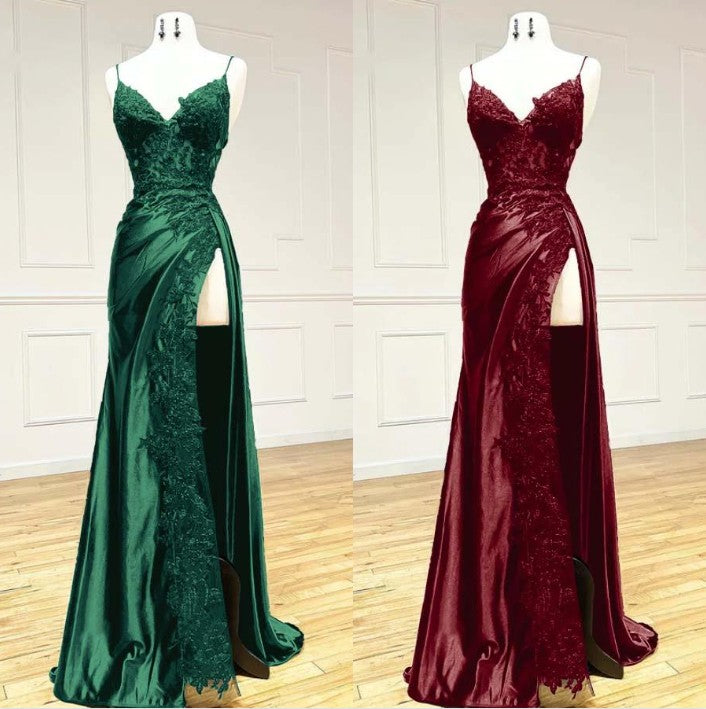 Elegant Black Spaghetti Straps Evening Dresses Satin Sheath Long Prom Dresses with Slits ED001