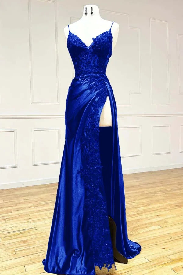 Elegant Black Spaghetti Straps Evening Dresses Satin Sheath Long Prom Dresses with Slits ED001