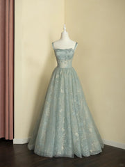 Chic Spaghetti Straps A-line Embroidery Satin Tulle Long Prom Dresses,Sweet 16 Dress With Appliqué