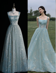 Chic Spaghetti Straps A-line Embroidery Satin Tulle Long Prom Dresses,Sweet 16 Dress With Appliqué
