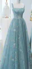 Chic Spaghetti Straps A-line Embroidery Satin Tulle Long Prom Dresses,Sweet 16 Dress With Appliqué