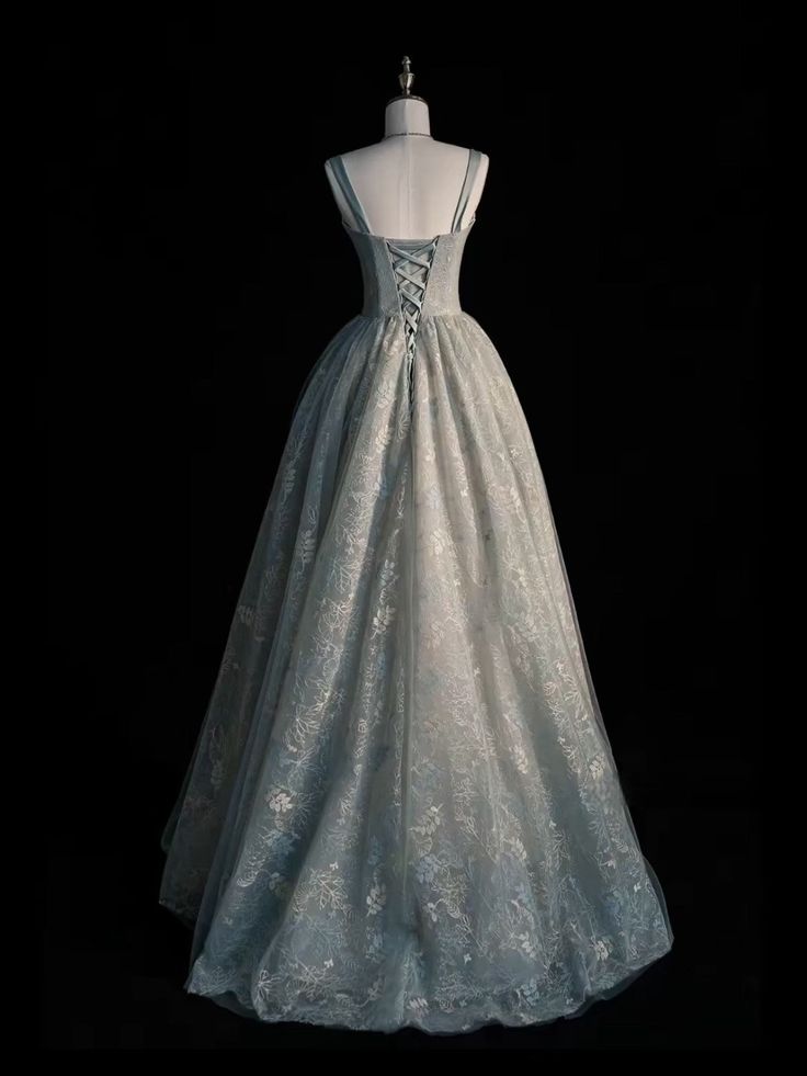 Chic Spaghetti Straps A-line Embroidery Satin Tulle Long Prom Dresses,Sweet 16 Dress With Appliqué