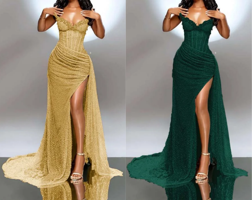 Elegant Strapless Shiny Beaded Sequin Long Prom Dresses Formal Evening Dresses With Slit