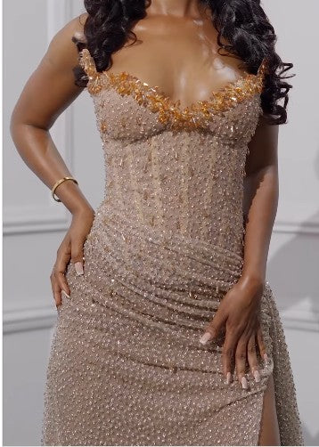 Elegant Strapless Shiny Beaded Sequin Long Prom Dresses Formal Evening Dresses With Slit