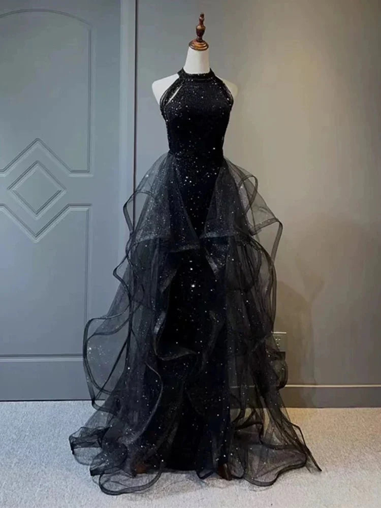 Elegant A-Line Halter Sparkly Sequins Long Prom Dresses  Navy Blue Evening Dresses