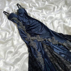 Elegant Navy Blue Spaghetti Straps Mermaid Satin Appliques Prom Dresses Party Dresses