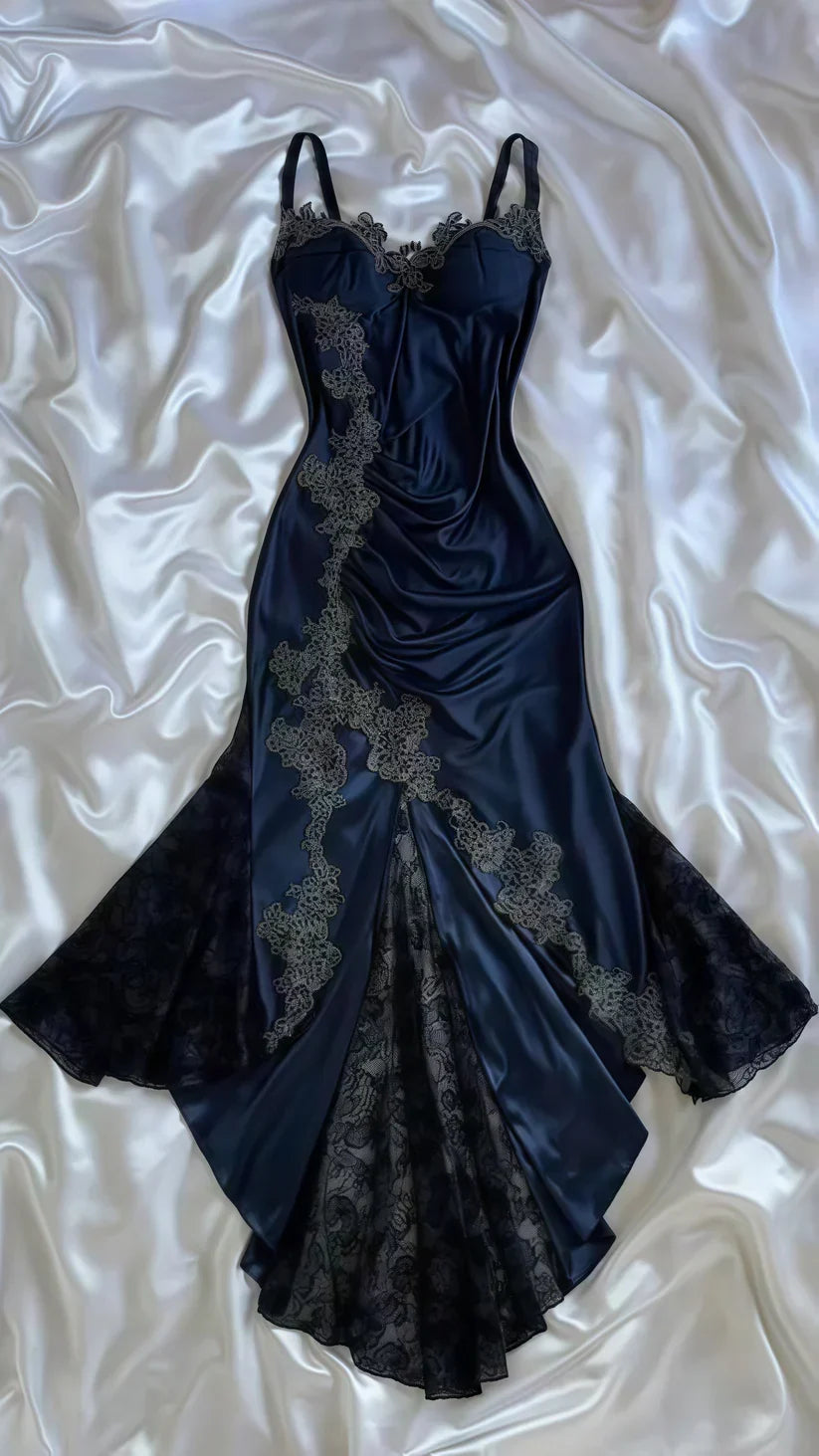 Elegant Navy Blue Spaghetti Straps Mermaid Satin Appliques Prom Dresses Party Dresses