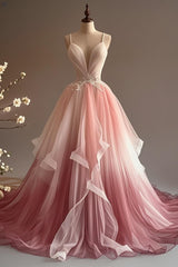 Elegant A-Line V-Neck Tulle Applique Long Prom Dress, Spaghetti Strap Vintage Evening Dress