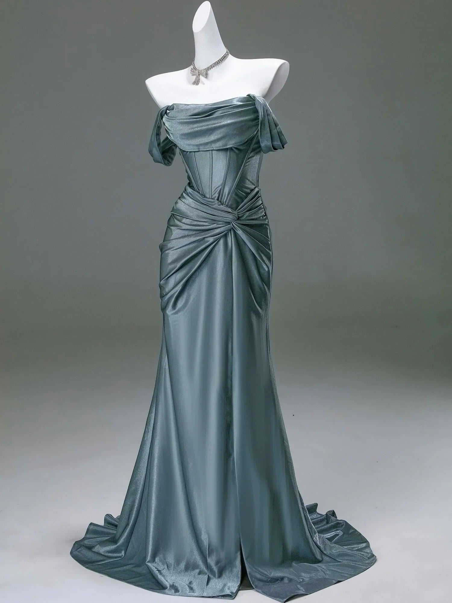 Elegant Pleated Satin Formal Mermaid Evening Dress,Fahsion Graudation Prom Dresses with Off-the-Shoulder