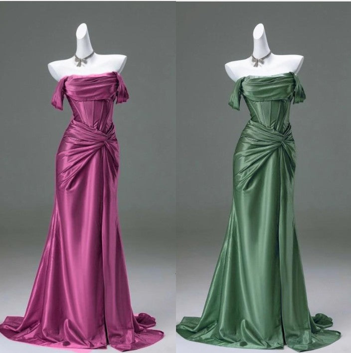 Elegant Pleated Satin Formal Mermaid Evening Dress,Fahsion Graudation Prom Dresses with Off-the-Shoulder
