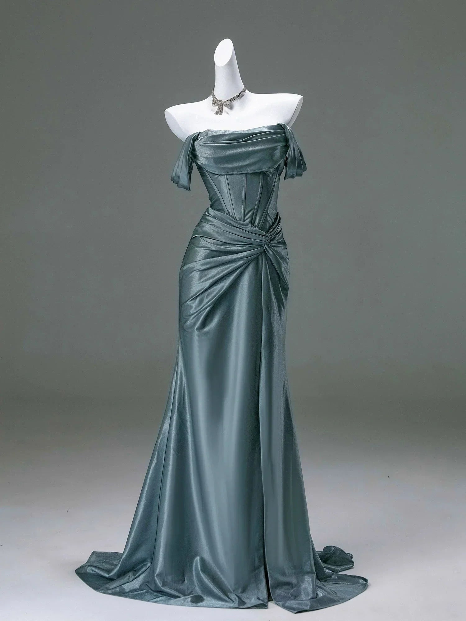 Elegant Pleated Satin Formal Mermaid Evening Dress,Fahsion Graudation Prom Dresses with Off-the-Shoulder