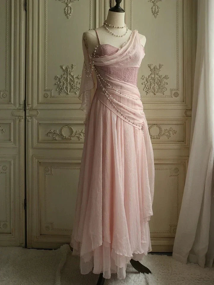 Affordable Prom Dresses Under $180||Lovely Pink 🩷Chiffon  Prom Dress Princess Pearls Spaghetti Straps Evening Dresses
