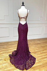 Elegant  Mermaid Formal Dresses Under $170 Charming Grape Spaghetti Straps Applique Long Backless Prom Dress With Slit