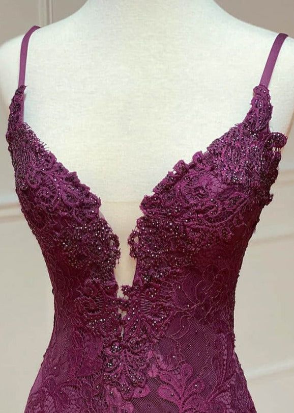 Elegant  Mermaid Formal Dresses Under $170 Charming Grape Spaghetti Straps Applique Long Backless Prom Dress With Slit