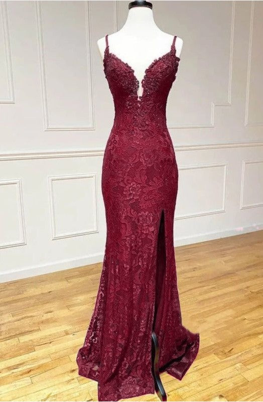 Elegant  Mermaid Formal Dresses Under $170 Charming Grape Spaghetti Straps Applique Long Backless Prom Dress With Slit