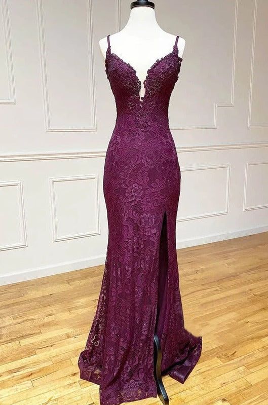 Elegant  Mermaid Formal Dresses Under $170 Charming Grape Spaghetti Straps Applique Long Backless Prom Dress With Slit