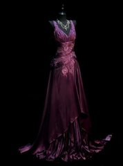 Elegant Grape Long Prom Dresses Satin V-neck A-line Evening Dresses Appliques Sleeveless Formal Dresses