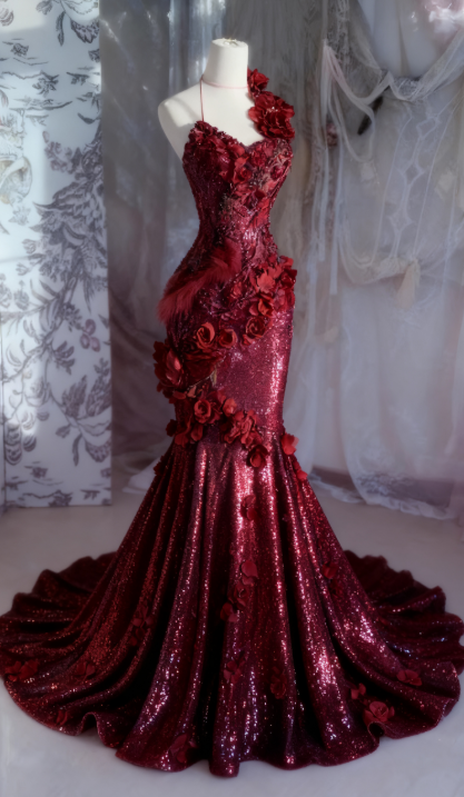 Elegant Halter Mermaid Burgundy Long Prom Dresses Sequin Burgundy Evening Dresses EP05112