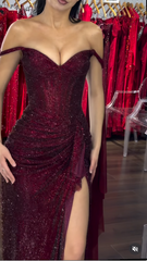 Elegant Burgundy Sheath Long Prom Dresses Glitter Tulle Diamonds Off-shoulder  Evening Dresses with Slits EP06029