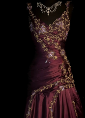 Chic Burgundy Formal Dresses, V-neck A-Line Long Prom Dresses, Embroidery Satin Sleeveless Evening Dresses EP06516