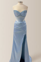 Elegant Dusty Blue Strapless Long Mermaid Satin Prom Dress With Beading