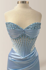 Elegant Dusty Blue Strapless Long Mermaid Satin Prom Dress With Beading