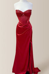 Elegant Dusty Blue Strapless Long Mermaid Satin Prom Dress With Beading