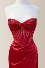 Elegant Dusty Blue Strapless Long Mermaid Satin Prom Dress With Beading