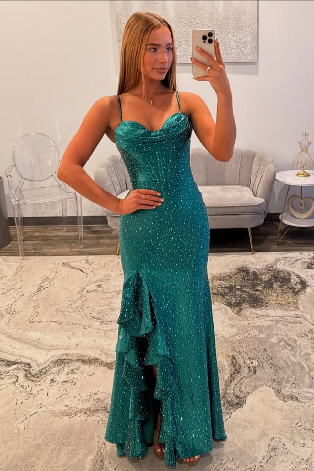 Elegant Emerald Green Spaghetti Straps Sparkly Prom Dress with High Slit