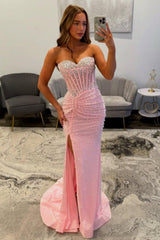 Elegant Pink Sweetheart Mermaid Corset Beaded Prom Dress with High Slit