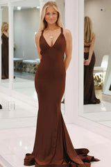 Elegant Mermaid Prom Dress in Satin with Spaghetti Straps and Deep V Neck