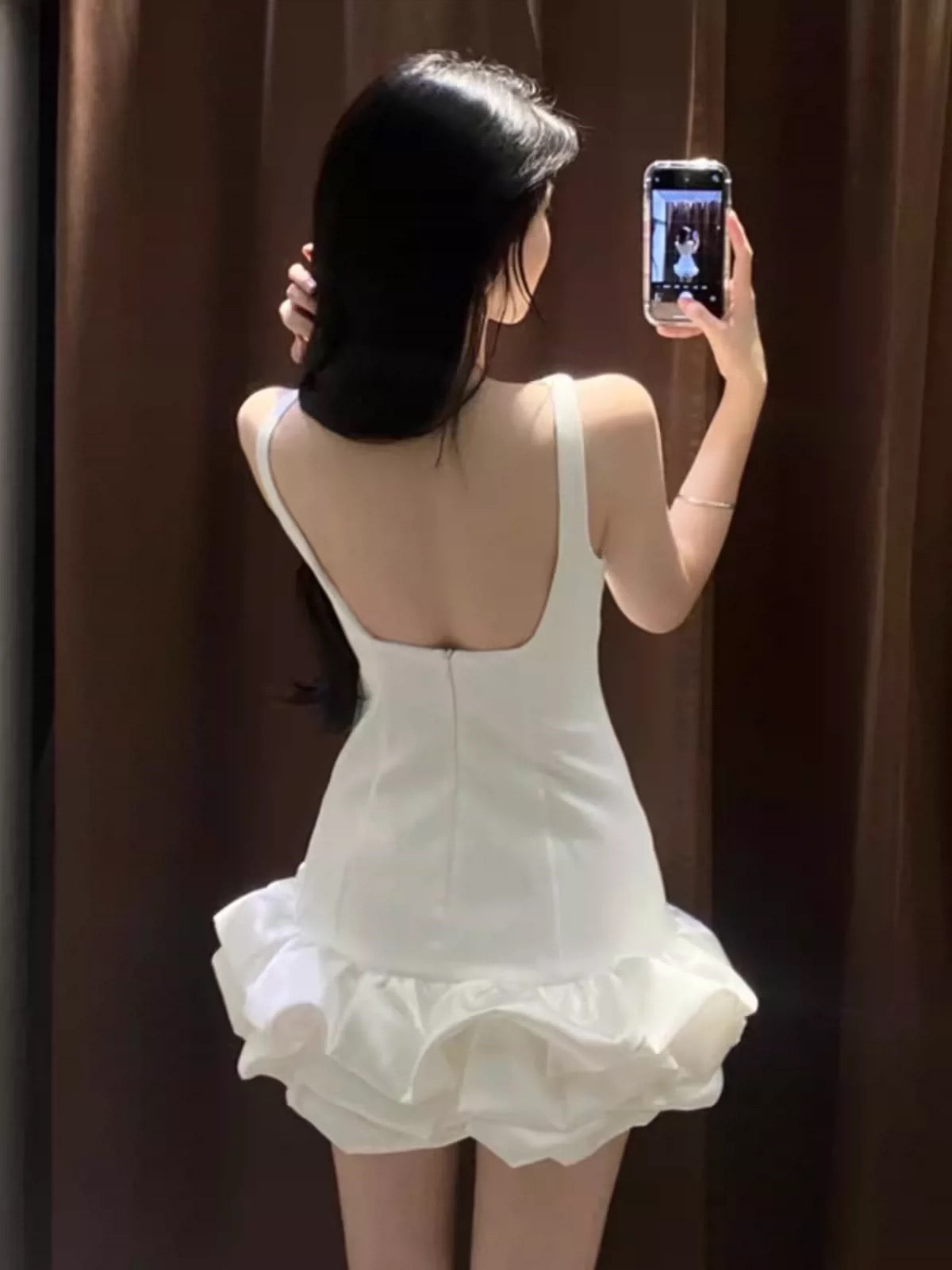 Cute White Sleeveless Satin Floral Skirt Homecoming Dress