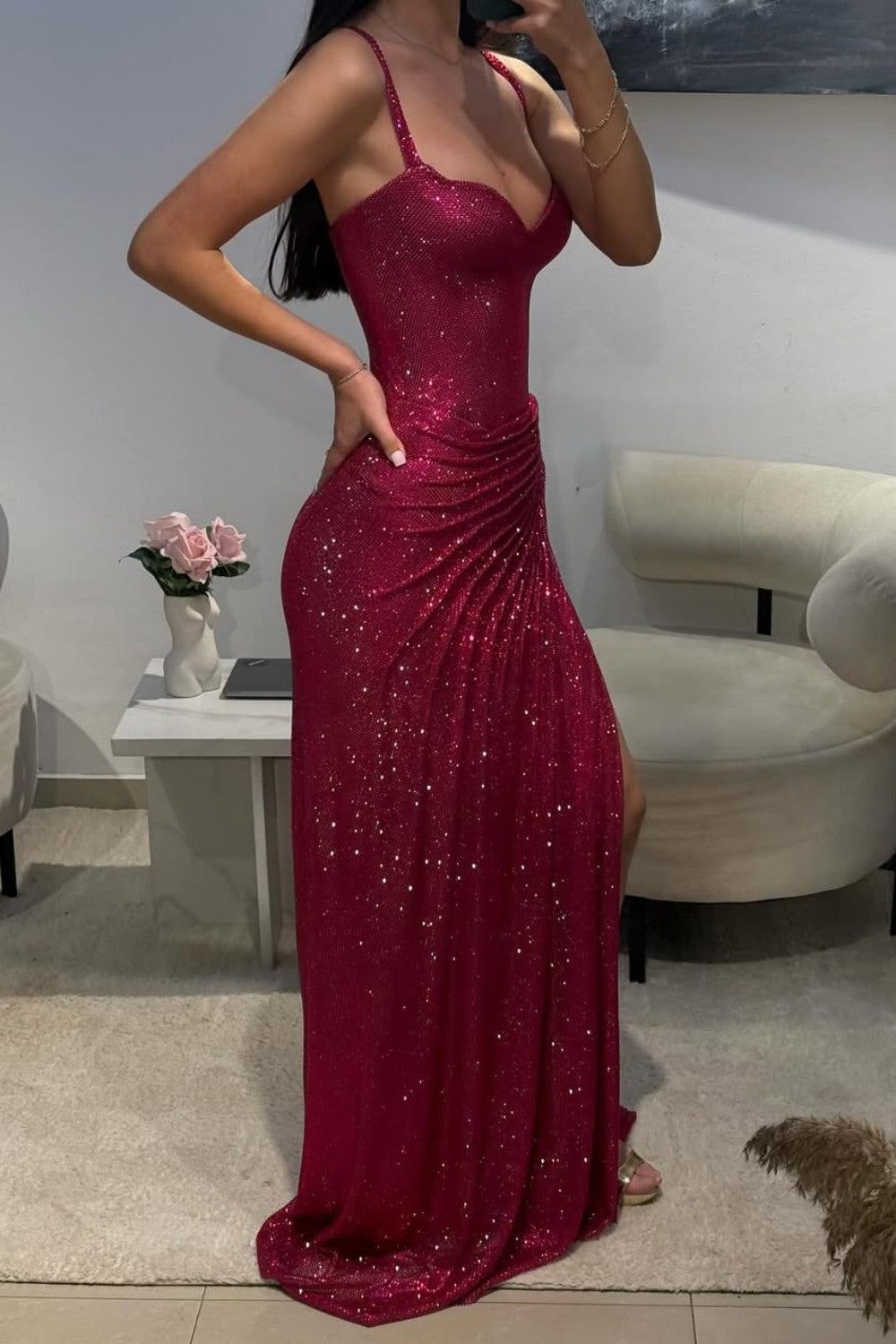 Dark Red Glitter Bodycon Homecoming Dress with Sweetheart Neck Spaghetti Straps Ruched Side Slit