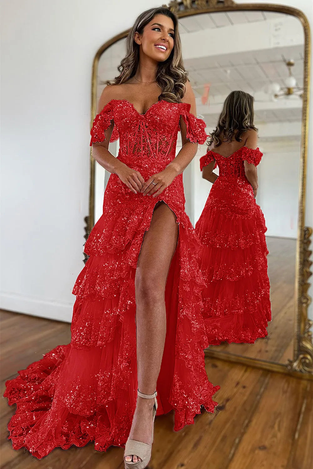 Beautiful Mermaid Off The Shoulder Navy Sequins Long Prom Dress with Appliques