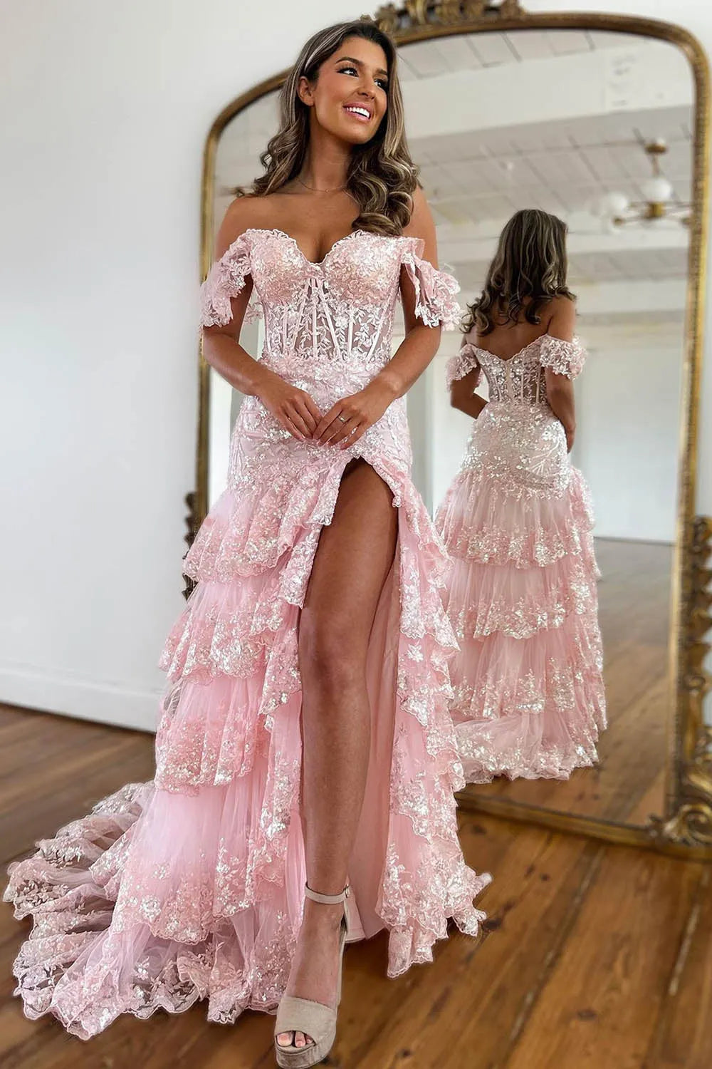 Beautiful Mermaid Off The Shoulder Navy Sequins Long Prom Dress with Appliques