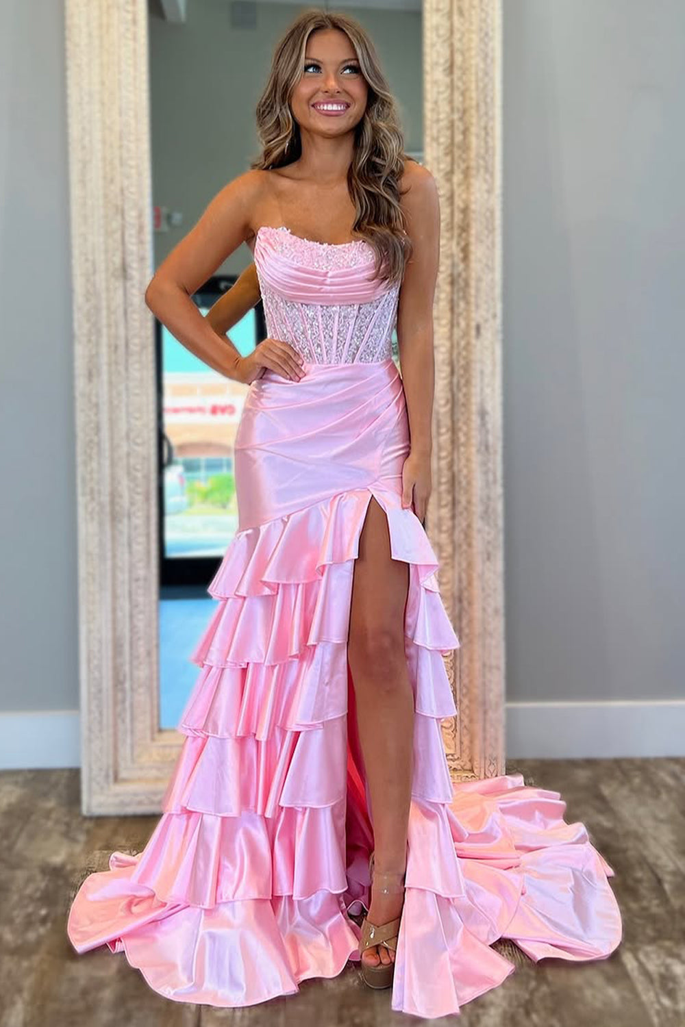Chic Mermaid Prom Dress in Light Blue with Strapless Satin Bodice and Ruffled Skirt