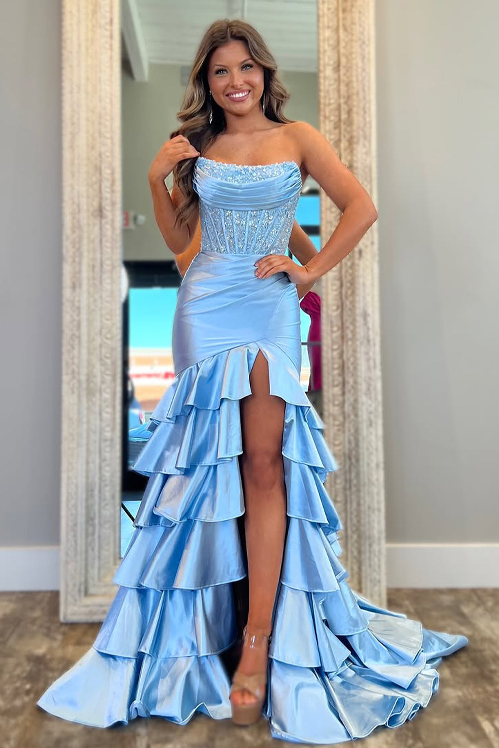 Chic Mermaid Prom Dress in Light Blue with Strapless Satin Bodice and Ruffled Skirt