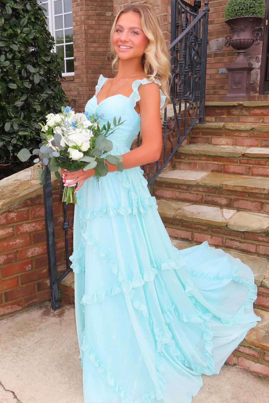 Blue A-Line Straps Ruffles Sweetheart Empire-Waist Long Prom Dress