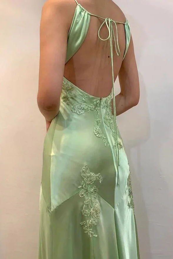 Elegant Green Straps V-Neck Embroideries Satin Backless Prom Dress