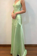 Elegant Green Straps V-Neck Embroideries Satin Backless Prom Dress