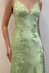 Elegant Green Straps V-Neck Embroideries Satin Backless Prom Dress